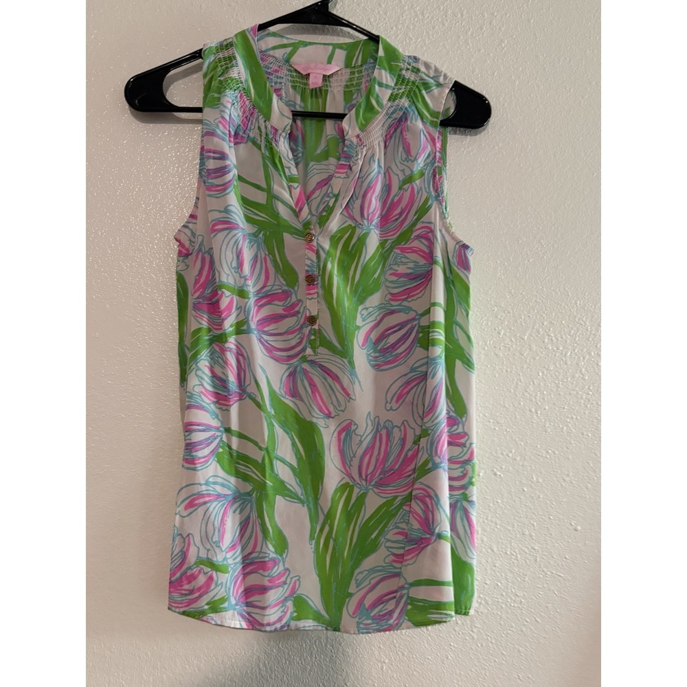 Lilly Pulitzer HOUSTON SLEEVELESS SILK BLOUSE Top,‎ Ring The Bellboy, Size Small
